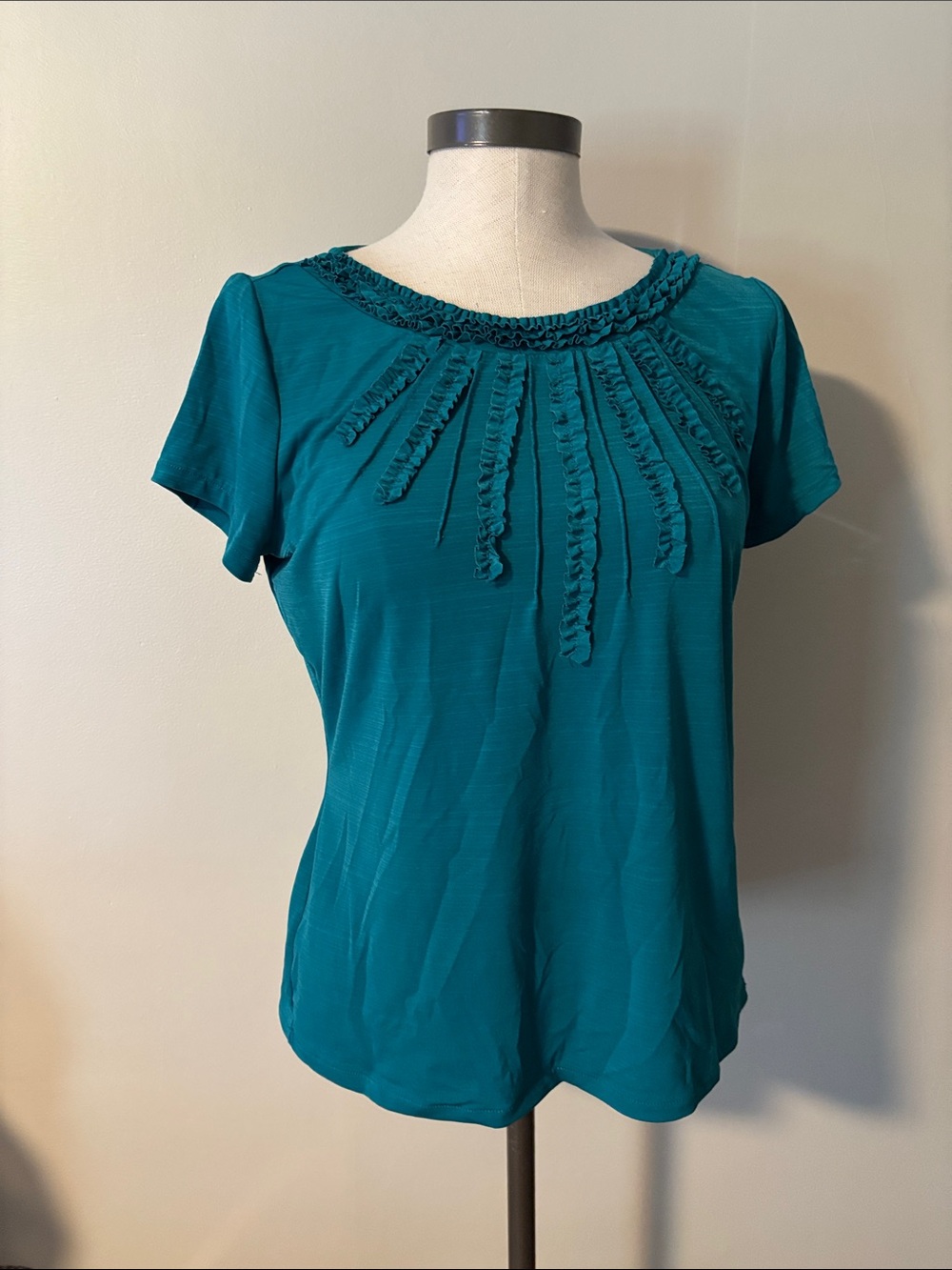 East 5th Teal Short-Sleeve Ruffle Yoke Top